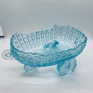 McKee Glass Daisy Button LT Blue Baby Carriage Coach Bowl Dish 9 x 5 x 4.5” VTG